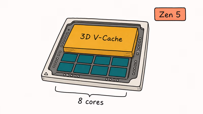 Hand-drawn cutaway of a Ryzen processor showing eight cores under a stacked 3D V-Cache layer