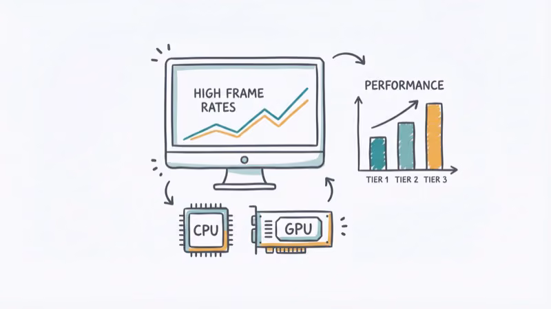 Gaming monitor with CPU and GPU showing performance comparison bar chart