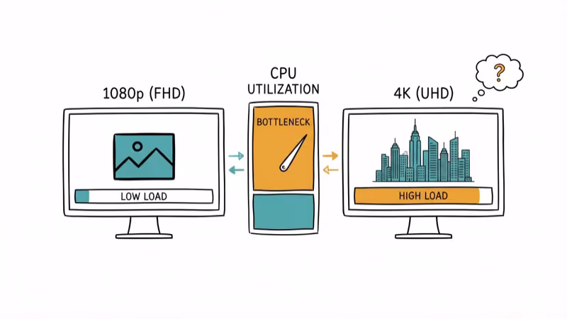 Two monitors showing 1080p and 4K with CPU utilization meter illustrating bottleneck