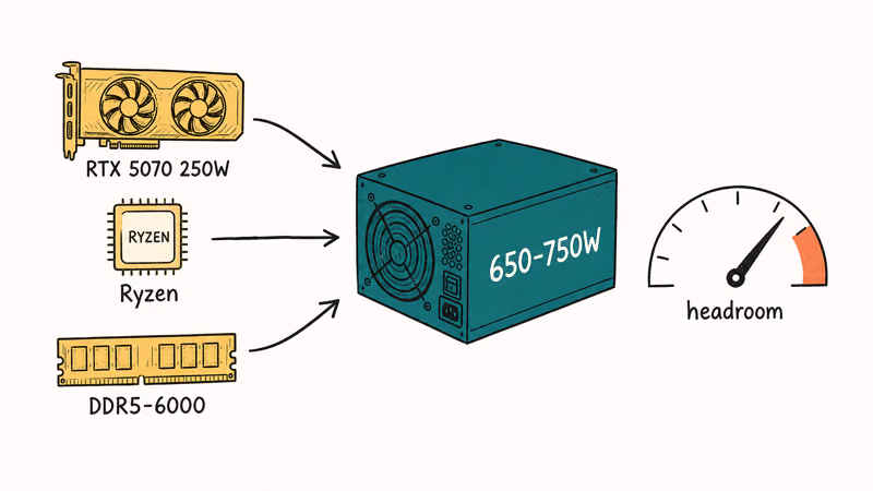 Hand-drawn power supply budget covering RTX 5070 draw plus Ryzen CPU and memory
