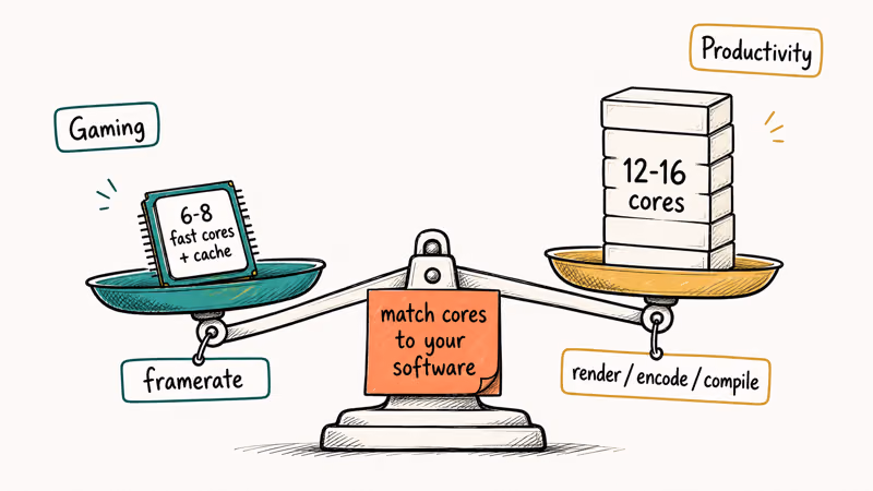 Balance comparing fast cores and cache for gaming against more cores for productivity