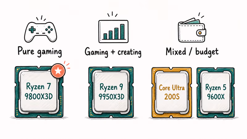 Three CPU picks sorted by use case for gaming, creating, and budget builds in 2026