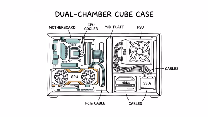 Cube PC case cutaway showing dual-chamber design with components separated