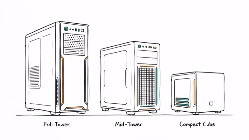 Three PC cases in a row comparing tall tower mid-tower and compact cube sizes
