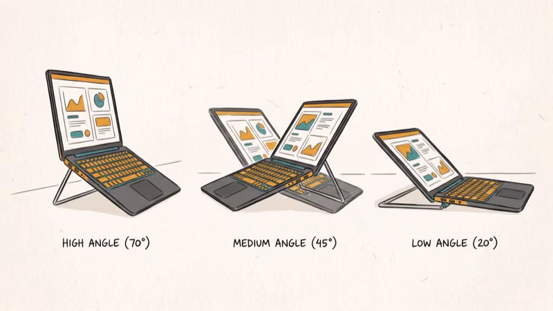 Different kickstand angle positions on detachable laptops for desk and lap use