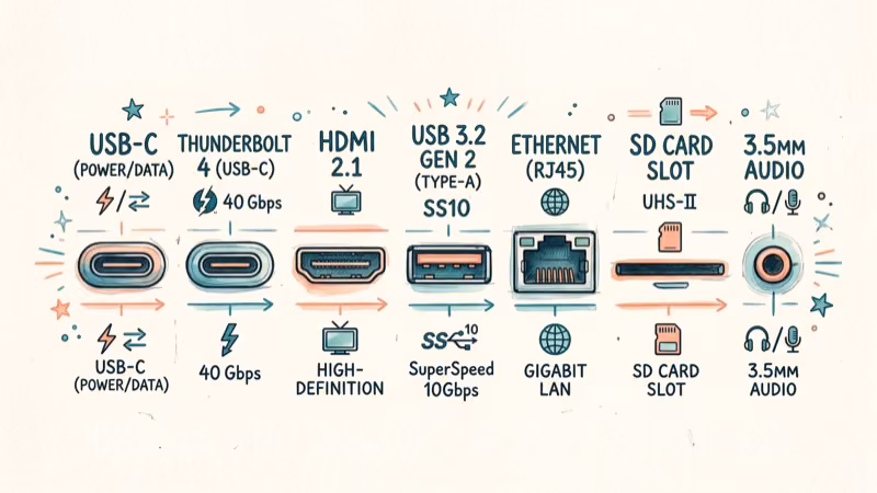 Port layout comparison across detachable laptops showing USB-C and Thunderbolt options