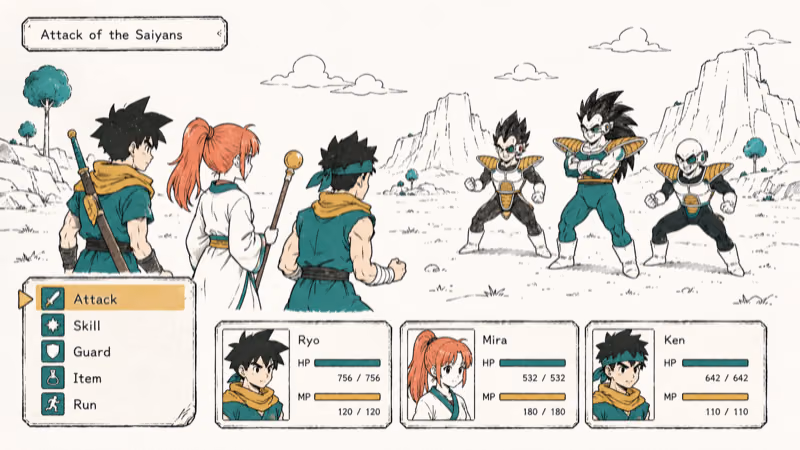 Hand-drawn turn-based RPG battle menu for Attack of the Saiyans