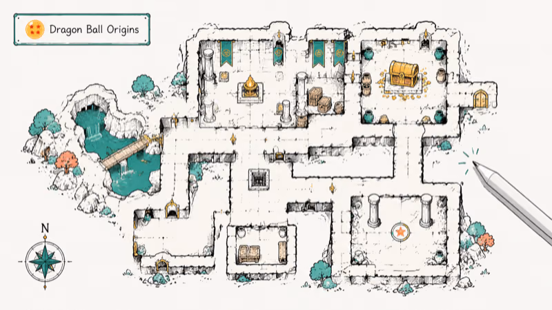Hand-drawn top-down action adventure map for Dragon Ball Origins