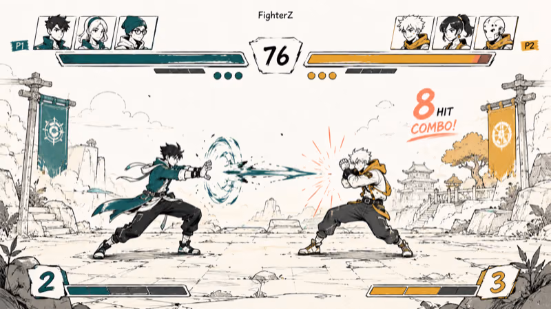 Hand-drawn 2.5D tag fighting screen for Dragon Ball FighterZ