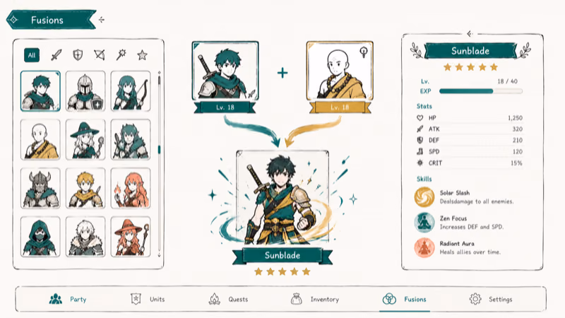 Hand-drawn RPG team-builder fusion screen for Dragon Ball Fusions