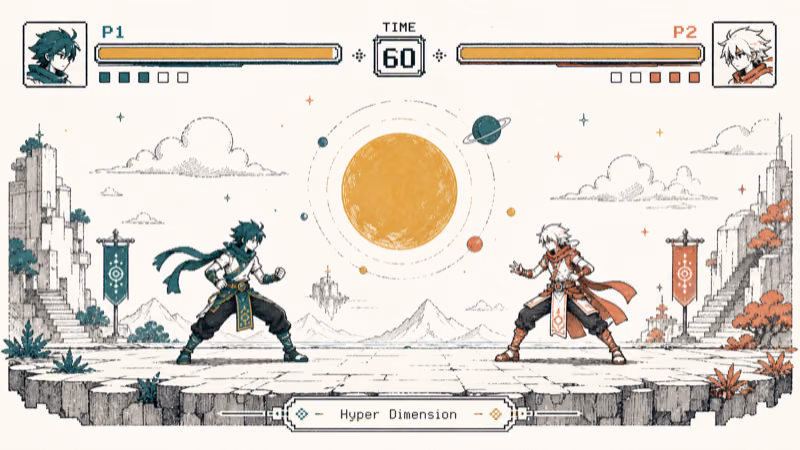 Hand-drawn retro 2D fighting screen for Hyper Dimension