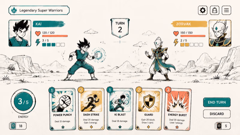 Hand-drawn handheld card-battle RPG screen for Legendary Super Warriors