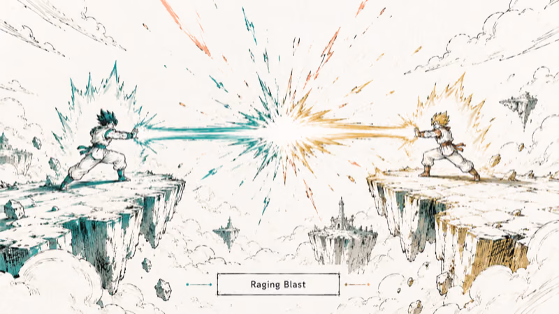 Hand-drawn 3D sky arena with clashing beams for Raging Blast
