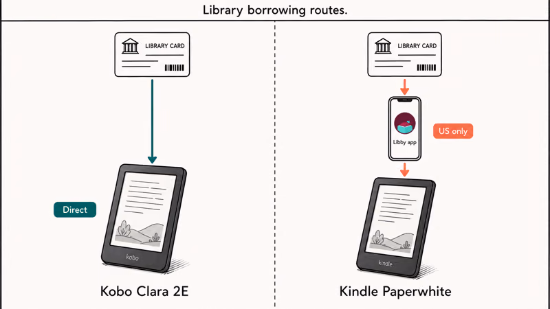Side-by-side e-readers showing Kobo direct Libby borrowing versus Kindle routed through phone US only