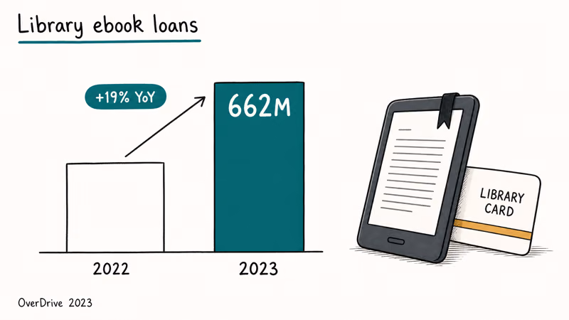Editorial chart showing 662 million library ebook loans in 2023 with 19 percent yearly growth