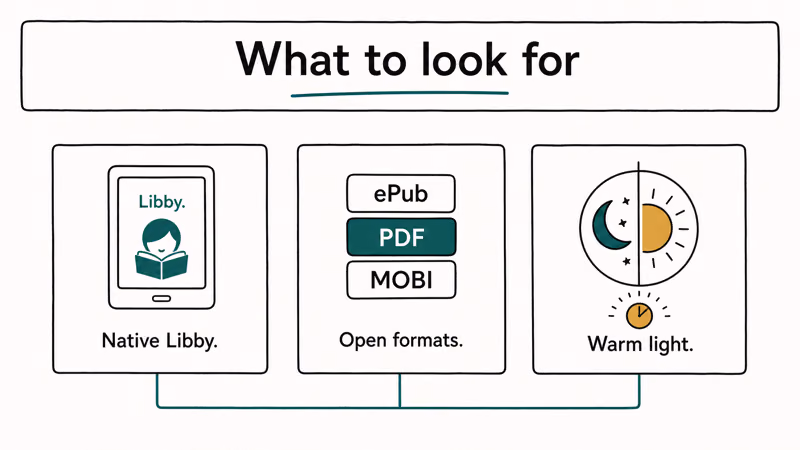 Three-tile checklist of e-reader library borrowing criteria native app file formats warm light