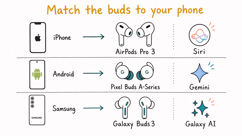 Chart matching iPhone, Android, and Samsung phones to their best AI earbud picks