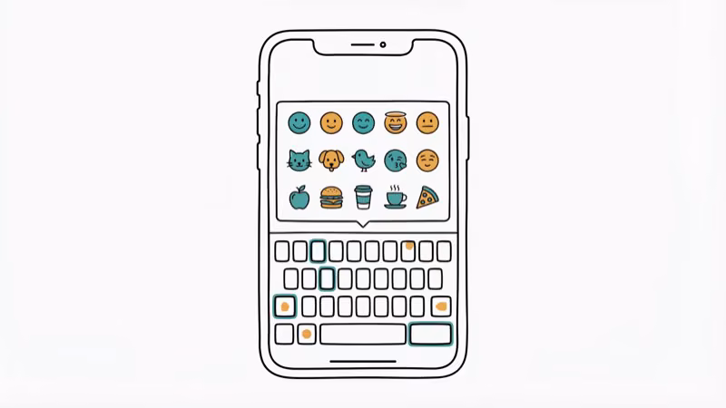 Smartphone keyboard showing emoji suggestion panel with category icons