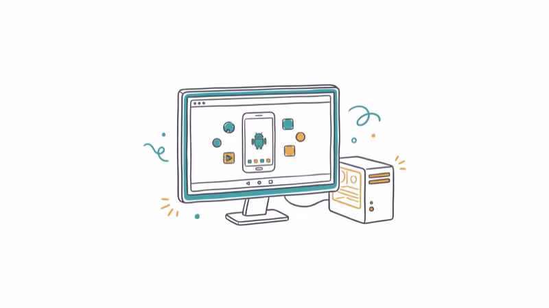 Desktop monitor displaying Android emulator with floating app icons