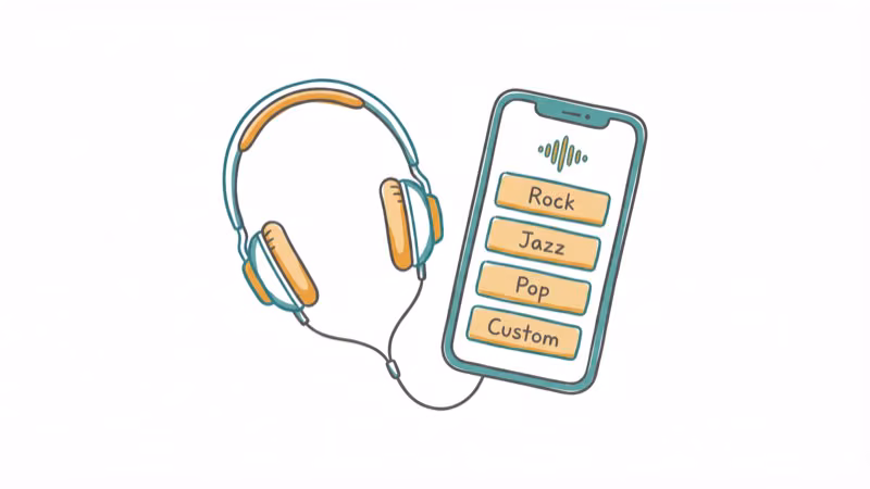 Headphones next to phone screen with equalizer preset buttons