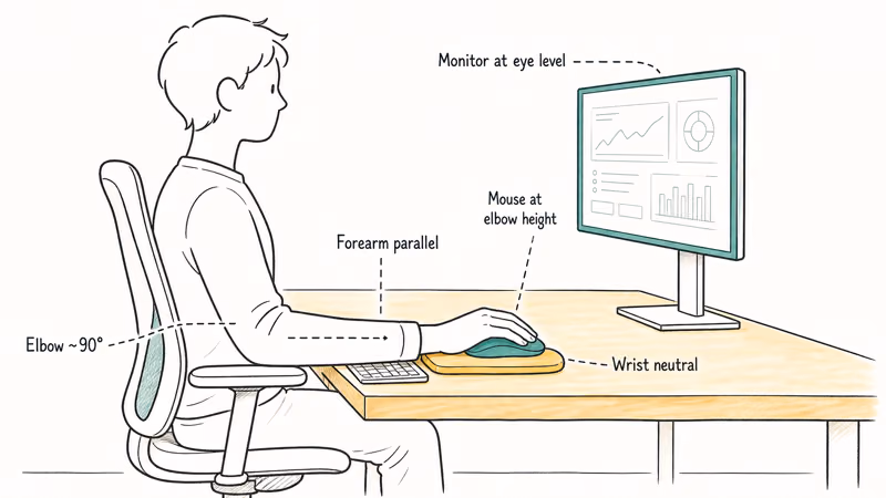 Office desk setup with mouse at elbow height wrist straight and forearm parallel to floor