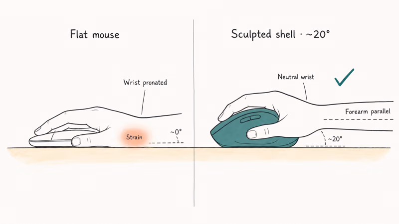 Side view comparing flat mouse pronation versus sculpted ergonomic mouse neutral wrist angle