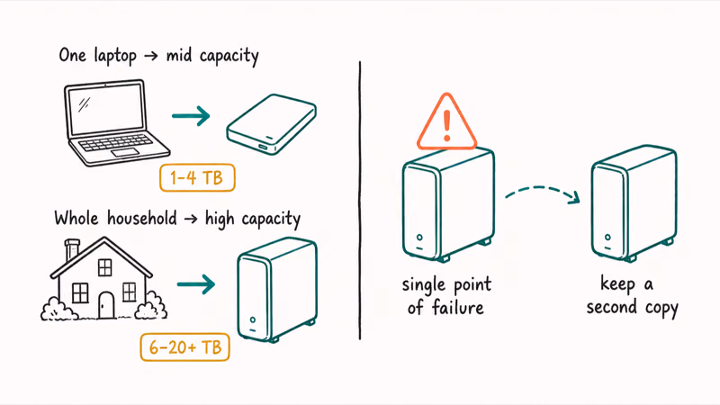 Diagram showing one external drive as a single failure point with a recommended second backup copy