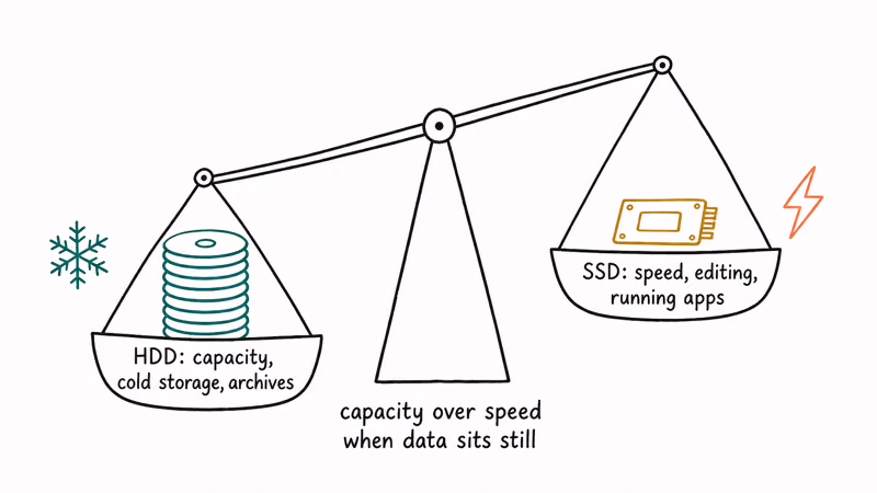 Balance scale weighing hard drive capacity for cold storage against SSD speed for active work