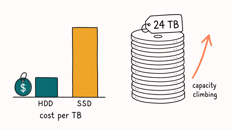 Chart comparing external hard drive and SSD cost per terabyte and rising capacity ceiling