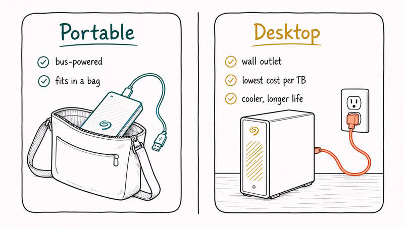 Side by side cards contrasting bus-powered portable drive against powered desktop external hard drive