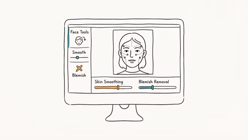 Computer screen displaying face retouching software with skin smoothing sliders