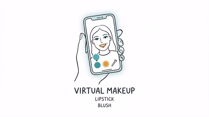 Smartphone showing selfie with virtual lipstick and blush tools applied