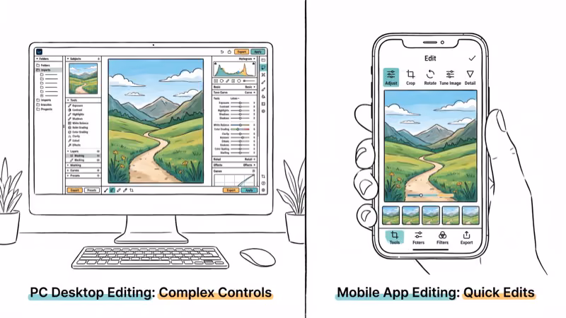 Split screen comparing PC monitor and phone displaying different editing features