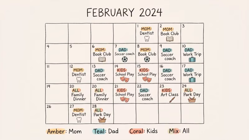 Color-coded family calendar with events assigned to different family members