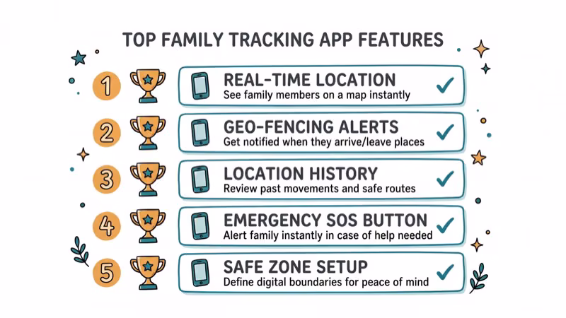 Ranked list of top family tracking apps with trophy icons and feature checkmarks