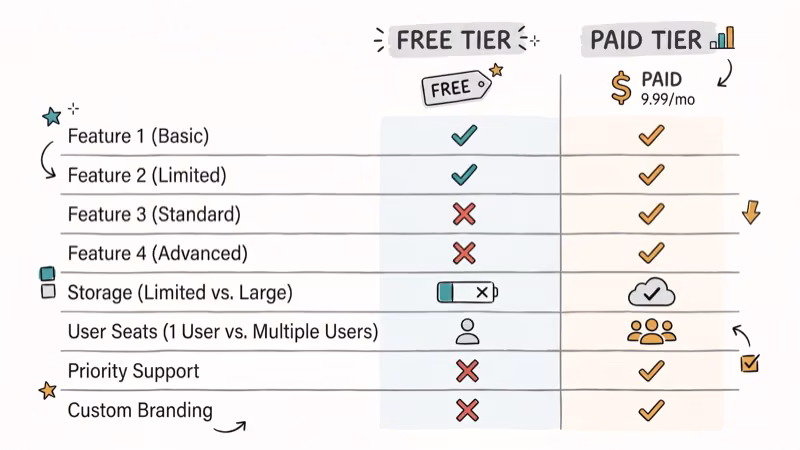Two columns comparing free versus paid feature tiers with checkmarks and crosses