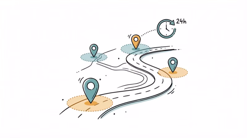 GPS map with multiple location pins and clock icon showing temporary sharing zones