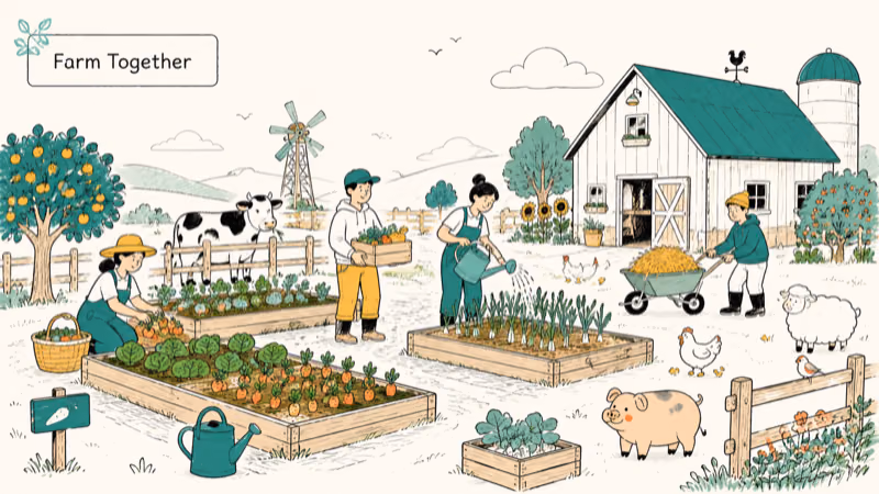 Hand-drawn bright multiplayer farm for Farm Together
