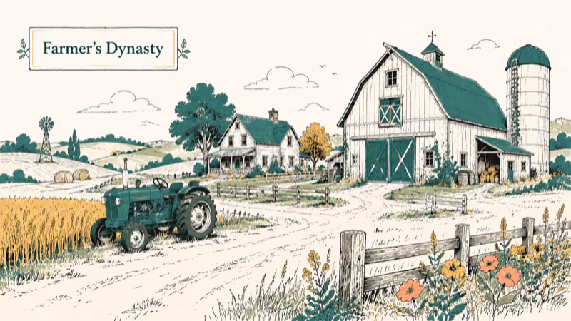 Hand-drawn family farmstead with barn and tractor for Farmer's Dynasty