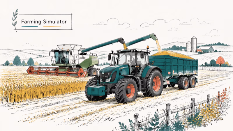 Hand-drawn tractor and harvester working crop fields for Farming Simulator