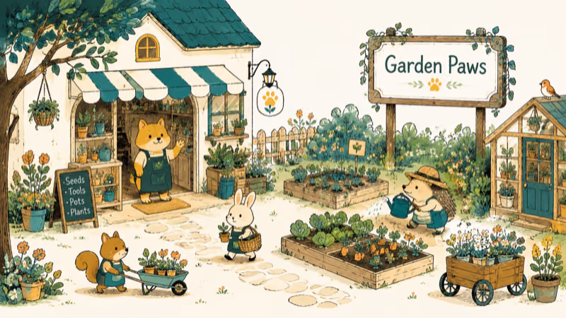 Hand-drawn cozy animal shop and garden plots for Garden Paws
