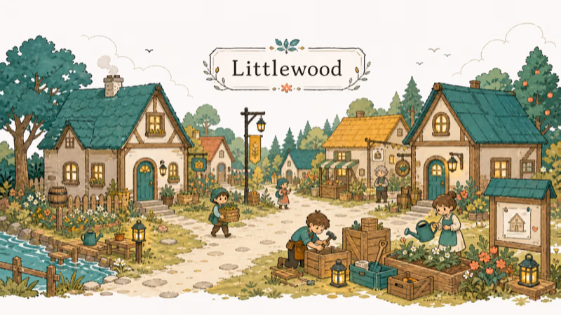 Hand-drawn relaxing town rebuilding scene for Littlewood