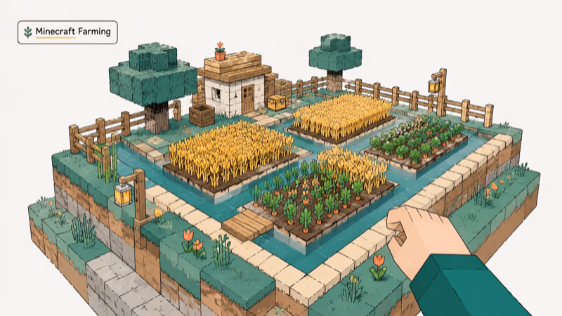 Hand-drawn blocky cubic wheat farm for Minecraft
