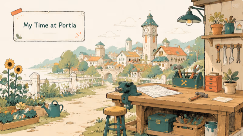 Hand-drawn sunny workshop town for My Time at Portia