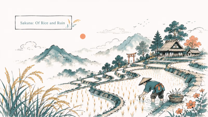 Hand-drawn terraced rice paddies for Sakuna Of Rice And Ruin