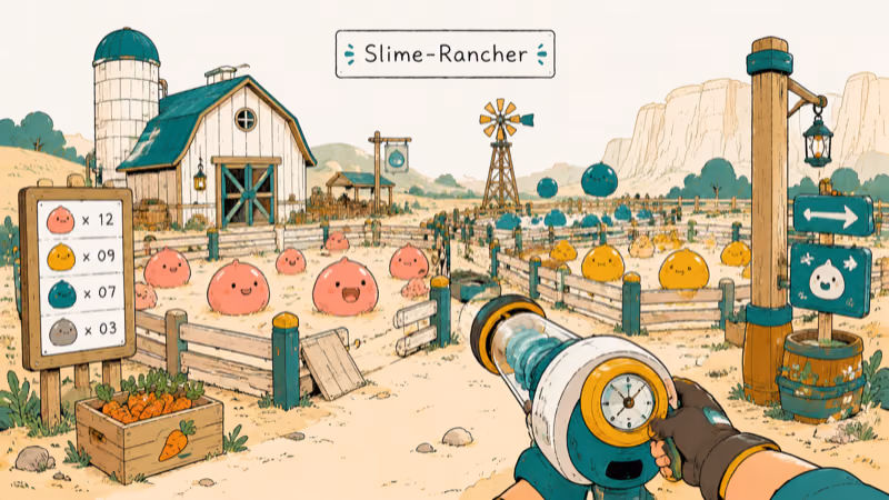 Hand-drawn ranch with round blob creatures for Slime Rancher