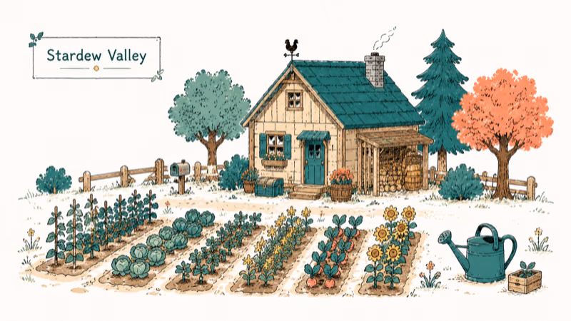 Hand-drawn cozy farm with cabin and crop rows for Stardew Valley