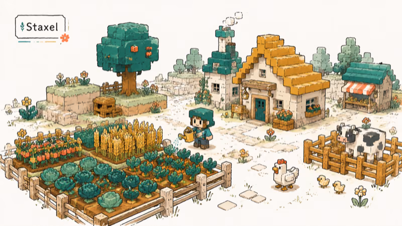 Hand-drawn blocky voxel village farm for Staxel