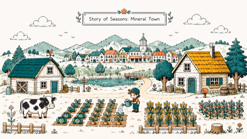 Hand-drawn pixel countryside farm for Story of Seasons Mineral Town