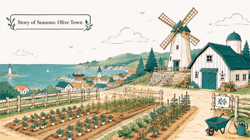 Hand-drawn seaside pioneer town farm for Story of Seasons Olive Town